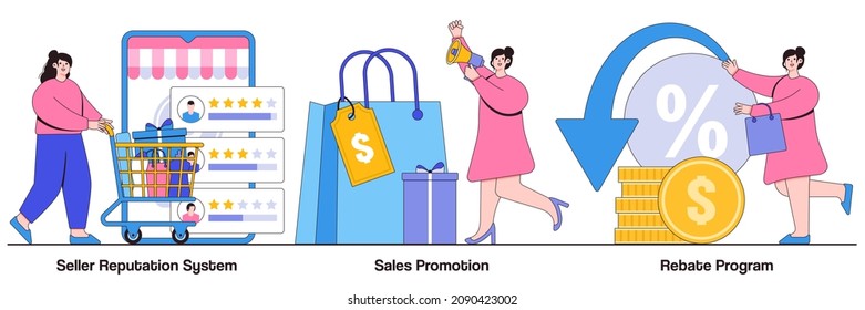 Seller Reputation System, Sales Promotion, Rebate Program Concept With People Character. E Commerce Abstract Vector Illustration Set. Online Store Discounts, Internet Shopping Metaphor.