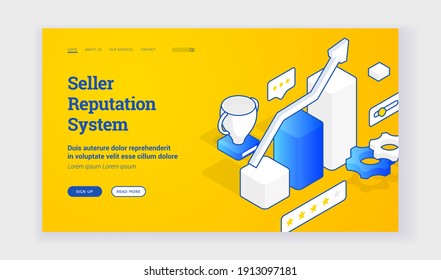 Seller reputation system. Vector illustration of rising chart near trophy and gears. Isometric web banner, landing page template