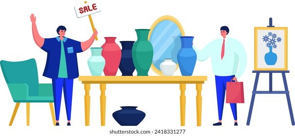 Seller with sale sign at pottery auction, buyer considering ceramic vases. Art sale, auction house scene, collecting ceramics vector illustration.