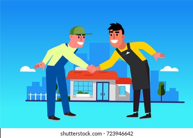 the seller shakes hands with the deliverer in the background of the store