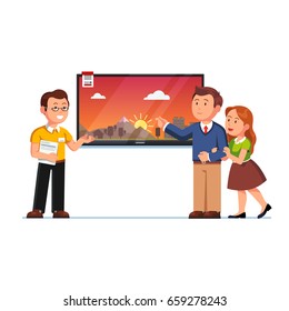 Seller or shop assistant showing big wall tv screen to customers man and woman. Family couple clients at electronics store. Retail business. Flat style vector illustration isolated on white background