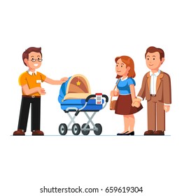 Seller or shop assistant showing newborn baby stroller to customers man & woman. Family couple parents buying new kid pram in children store. Retail business. Flat style vector isolated illustration.