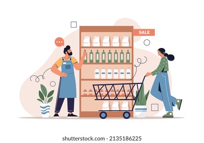 Seller In Shop. Girl With Basket Walks Past Merchandise Counter. Supermarket, Hostess And Daily Shopping. Character Next To Cashier, Seller Offers Goods At Discount. Cartoon Flat Vector Illustration