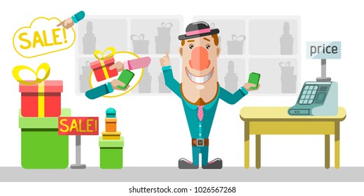 The seller in shop. Modern flat style vector illustration isolated on white background.
