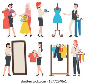 Seller and shopper, people choosing clothes and footwear. T-shirt and suit, tie on hanger, business promotion, sale old collection, buyer in store vector