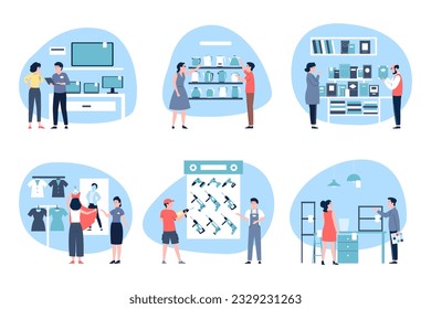 Seller and shoppers characters. Fashion ant tools store, design studio consultant. Retail business, merchandise or commercant recent vector scenes