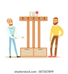 Seller Showing Hanger For The Hall To Man, Smiling Shopper In Furniture Shop Shopping For House Decor Elements