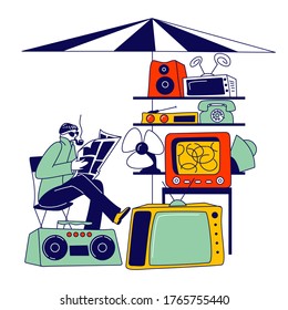 Seller Sitting on Chair Reading Newspaper and Smiling Pipe. Male Character Sell Old Technique on Flea Market or Garage Sale. Vintage Tv, Telephone, Tape Recorder and Fan. Linear Vector Illustration