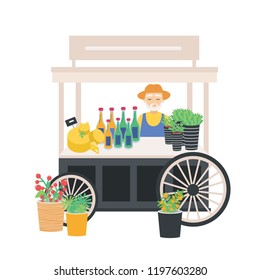 Seller standing at wheeled cart, counter, stall or kiosk with cheese, wine bottles and price tags. Farmer selling food products and drinks on local market. Vector illustration in flat cartoon style.