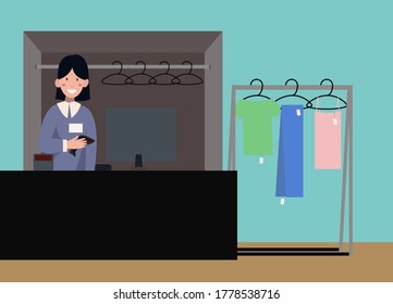 The seller in the store is behind the cash register. The concept of the store. Cute vector flat illustration. Hangers with clothes