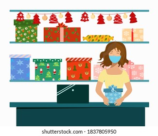 Vendedor en el almacén de cajas de regalo o empaque con una máscara