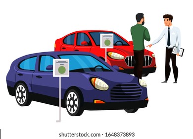 Seller talking to customer about car. Dealer and future vehicle owner. Rental center service. Cartoon people characters and automobile isolated on white. Showroom dealership salon. Vector illustration