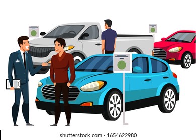 Seller talking to customer about car. Dealer and future vehicle owner. Rental center service. Cartoon people characters and automobile isolated on white. Showroom dealership salon. Vector illustration