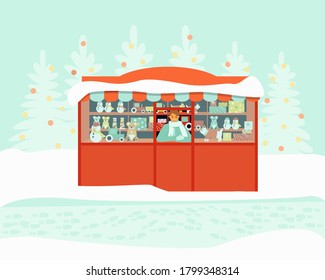 The seller at the toy kiosk is waiting for the buyers. The store sells bears, cars, snowman. Winter season. Flat vector illustration