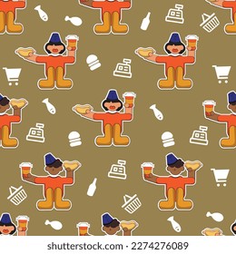 Vendedor, gráficos vectoriales, tienda, vendedor de alimentos. Comercio, café. Patrón, imagen perfecta
