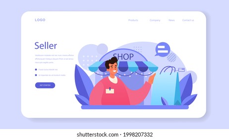 Seller web banner or landing page. Professional worker in the supermarket, shop, store. Stocktacking, merchandising, cash accounting and client service. Vector illustration