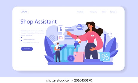 Seller web banner or landing page. Professional worker in the supermarket, shop, store. Stocktacking, merchandising, cash accounting and client service. Vector illustration