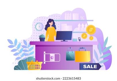 Seller at work. Woman stands at checkout and punches through goods. Owner of small business, young girl in store or supermarket. Poster or banner for website. Cartoon flat vector illustration