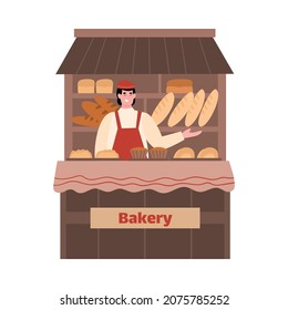Sellerman of street bakery shop standing behind counter, cartoon vector illustration isolated on white background. Sale and manufacture of bread bakery products.