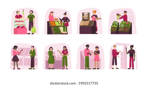 Concepto de vendedores con un conjunto de composiciones aisladas de puestos de mercado y personajes humanos con productos y bienes. Conjunto de ilustraciones vectoriales planas aisladas en fondo blanco