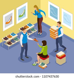 Sellers help woman with shoe buying isometric composition with interior elements vector illustration