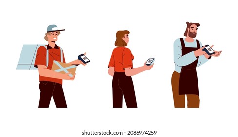 Sellers hold cashless payment machine. Waiter, cashier and courier with pos terminal with scanning QR code from mobile app. Contactless system of pay concept flat vector illustration.