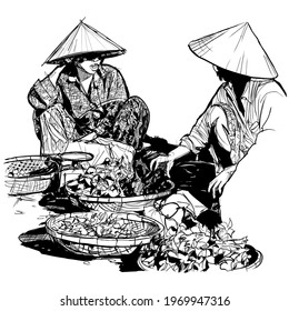 Sellers on the local market in Vietnam - vector illustration 