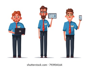 Sellers with Phone, Tablet and Laptop. Cartoon vector illustration