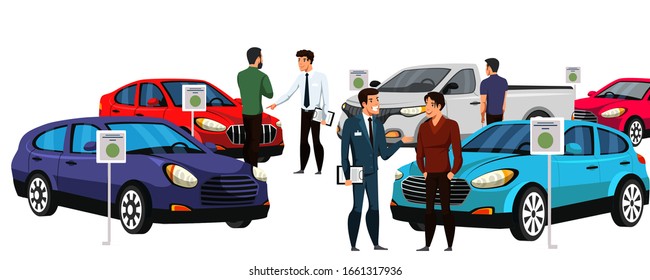 Sellers Potential Buyers Group In Luxury Car Showroom. Dealership Center Presenting New Automobiles. Dealer Manager With Client Discussing Vehicle. Customers In Distribution Shop. Vector Illustration