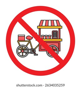 Sellers are prohibited from selling in this area. Forbidden selling symbol. Ice cream bike cart forbidden sign. Selling drink prohibition sign. Prohibited drink seller symbol 