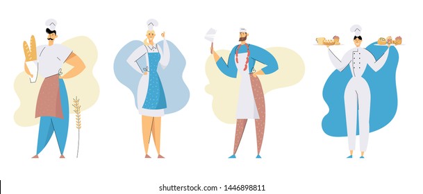 Sellers or Restaurant Workers Set. Butcher with Knife and Sausages, Bakers with Pastry and Bakery Production, Employees in Chief Toque and Uniform . Meat and Bake Shop Cartoon Flat Vector Illustration