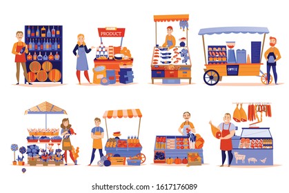 Sellers set with eight isolated compositions of market stalls and human characters with products and goods vector illustration