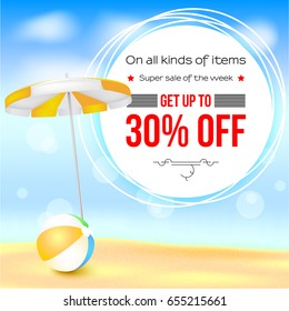 Selling ad banner, vintage text design. Thirty percent summer vacation discounts, The sandy beach background with sun umbrella and bouncy ball. Template for online shopping, advertising actions.