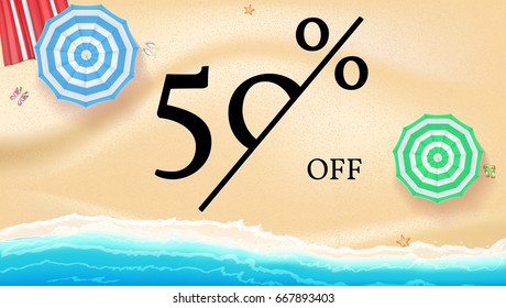 Selling ad banner, vintage text design. Fifty percent summer vacation discounts, sale background of the sandy beach and the sea shore. Template for online shopping, advertising actions.