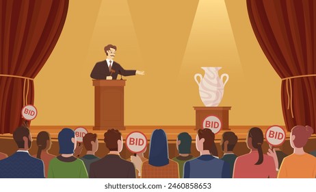 Selling art at auction, public bidding. Trader auctioneer with hammer standing at podium on stage to sell vintage valuable vase, competitors hold bid paddles for deal cartoon vector illustration