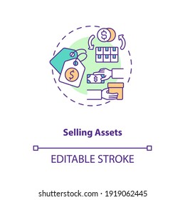 Selling assets concept icon. AM component idea thin line illustration. Stock sale. Business selling. Tangible and intangible stock. Vector isolated outline RGB color drawing. Editable stroke