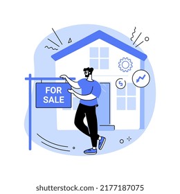 Selling assets isolated cartoon vector illustrations. Frustrated man sells his house because of business bankruptcy, startup failure, financial problems, real estate sale vector cartoon.