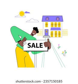 Selling assets isolated cartoon vector illustrations. Frustrated man sells his house because of business bankruptcy, startup failure, financial problems, real estate sale vector cartoon.