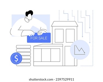 Selling assets isolated cartoon vector illustrations. Frustrated man sells his house because of business bankruptcy, startup failure, financial problems, real estate sale vector cartoon.