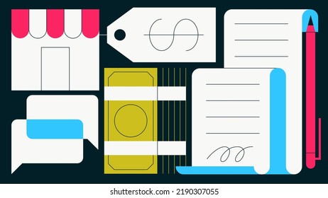 Selling business flat vector illustration.Shop sign with price tag, conversation bubbles, money and contract. Franchise, buying business, making deal concept. Simple colourful cartoon design.