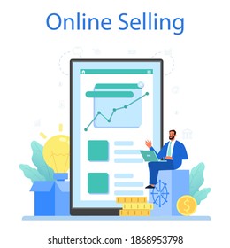 Selling business online service or platform. B2B or business to business deal. Selling agreement or business investing. Online selling. Isolated flat vector illustration