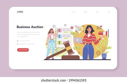 Selling business web banner or landing page. B2B or business to business deal. Selling agreement with a company buyer. Business investing and financial success idea. Isolated flat vector illustration