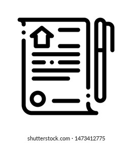 Selling Buying Agreement Vector Thin Line Icon. Building Sale And Rent Agreement Contract And Pen Pencil, Web Site, Smartphone Application Linear Pictogram. Garage And Skyscraper Contour Illustration