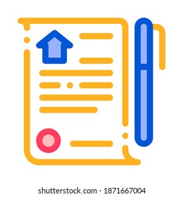 Selling Buying Agreement Vector Thin Line Icon. Building Sale And Rent Agreement Contract And Pen Pencil, Web Site, Smartphone Application Linear Pictogram. Garage And Skyscraper Contour Illustration