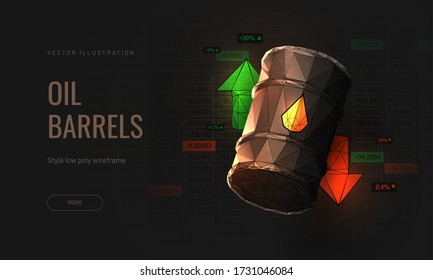 Selling or buying a barrel of oil in the investment market - 3d isometric vector  illustration oil tank in polygonal style on dark background stock chart - Up and down arrows as a symbol of trading 