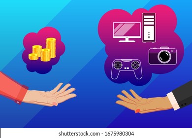Venta y compra de equipos digitales, de video y computadores en una tienda, sitio web, supermercado. Ofrecer financiación, crédito y dinero para la compra de equipos digitales. Manos en trajes de negocios