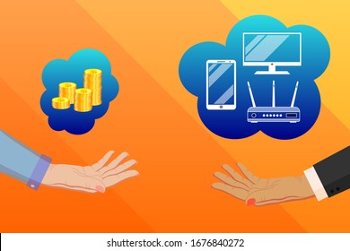 Selling and buying digital, video and computer equipment in a store, website, supermarket. Offer finance, credit and money for the purchase of digital equipment. Hands in business suits
