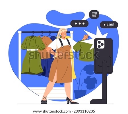 Selling clothes online concept. Young girl in store or shop. Person at shopping in mall or boutique. Fashion, trend and style. Cartoon flat vector illustration isolated on white background