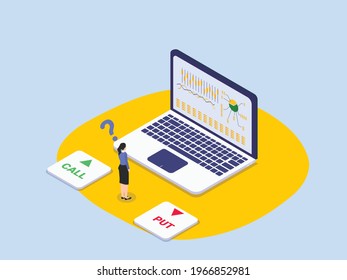 Selling cryptocurrency vector concept: Businessman feeling confused to choose between put and call while looking at cryptocurrency rate graph on laptop screen