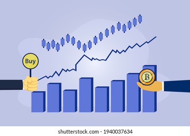 Selling cryptocurrency vector concept: Hand of man buying bitcoin from hand of trader with growth finance graph background